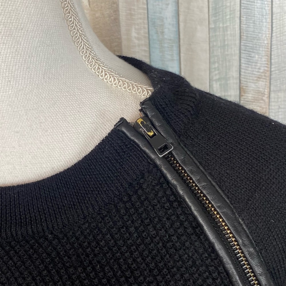 Vince S Black Leather Trim Zipper Textured 100% Wool Knit Sweater Pullover - Picture 6 of 14